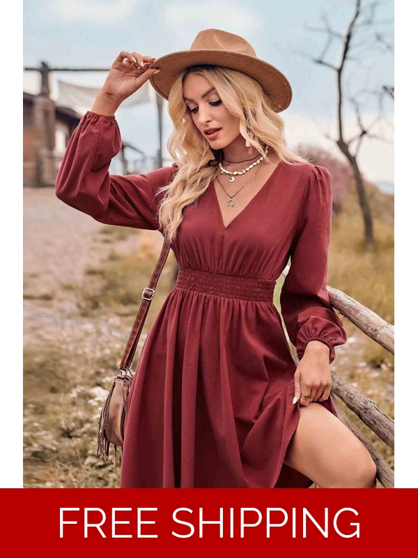 V-Neck Long Sleeve Smocked Waist Mini Dress